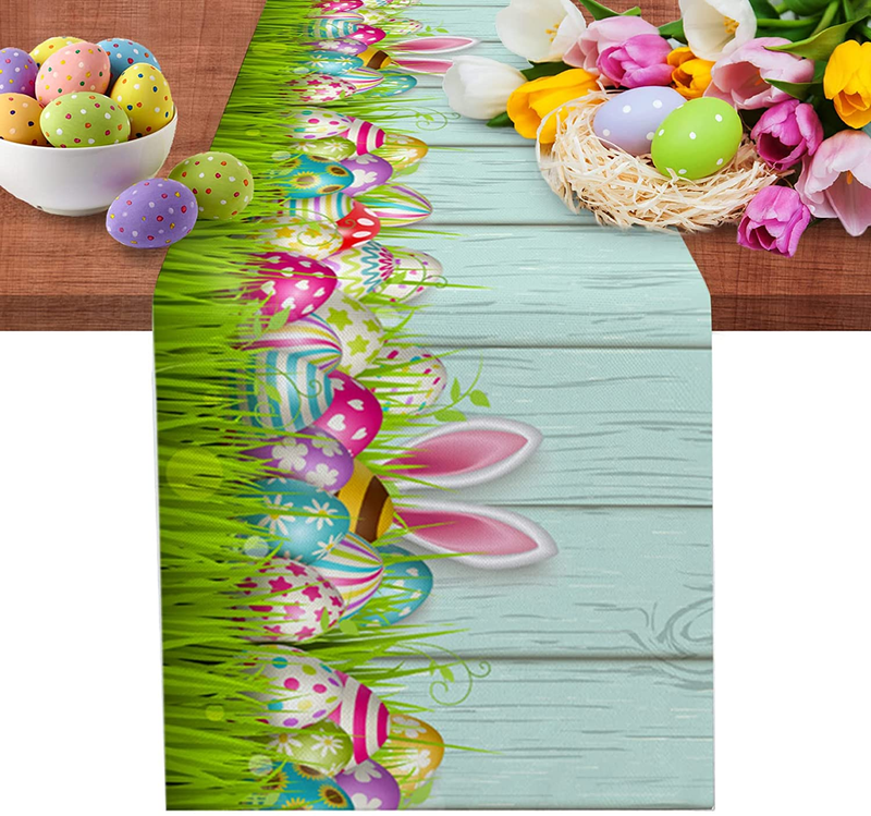 Easter Cotton Linen Table Runner Dresser Scarves,Happy Easter Colorful Eggs Rabbit Spring Grass Table Runners for Dinning Table,Farmhouse Spring Holiday Kitchen Dinner Decoration-13X90 Inch Home & Garden > Decor > Seasonal & Holiday Decorations Artwork Store EasterASE2798 13x108inch 