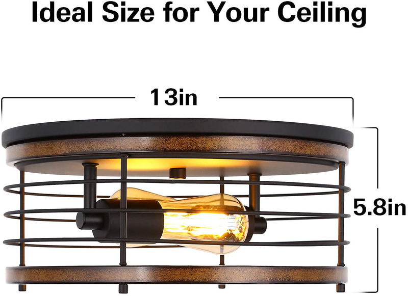 Close to Ceiling Lights, 13 Inches 2 Lights Flush Mount Ceiling Light Fixture, Cylindrical Metal Imitation Wood Ceiling Lamp, Industrial Farmhouse Ceiling Light for Hallway, Entryway, Bedroom, Balcony