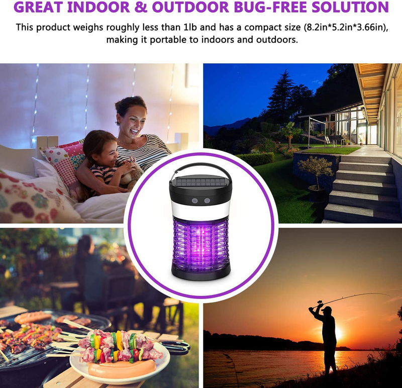 Solar Powered Bug Zapper, 3-in-1 Electric Mosquito Killer and Camp Lantern, Portable Mosquito Zapper for Outdoor & Indoor, Waterproof Rechargeable Insect Fly Trap Attractant for Camping Patio Bedroom  HBUDS   