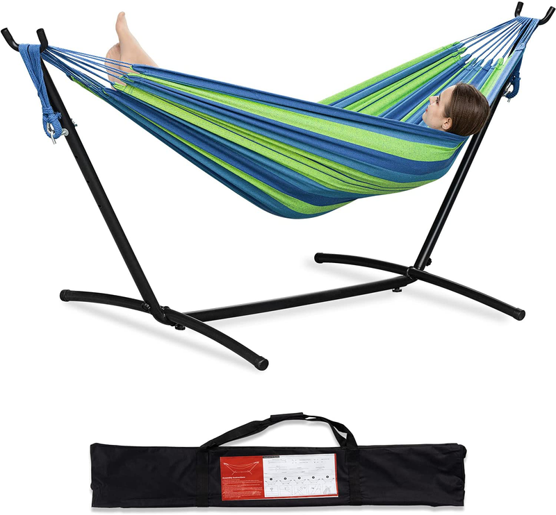 PNAEUT Double Hammock with Space Saving Steel Stand Included 2 Person Heavy Duty Outside Garden Yard Outdoor 450lb Capacity 2 People Standing Hammocks and Portable Carrying Bag (Coffee) Home & Garden > Lawn & Garden > Outdoor Living > Hammocks PNAEUT Blue  