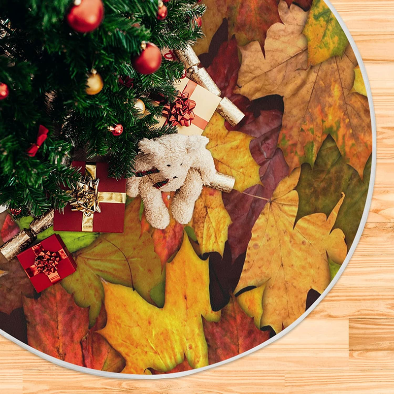 Dussdil Autumn Maple Leaves Christmas Tree Skirt Fall Dry Yellow Leaf Tree 36 Inches Xmas Tree Skirts Floor Door Mat Rug Decorations for Holiday Party Indoor Outdoor Home Office Ornaments