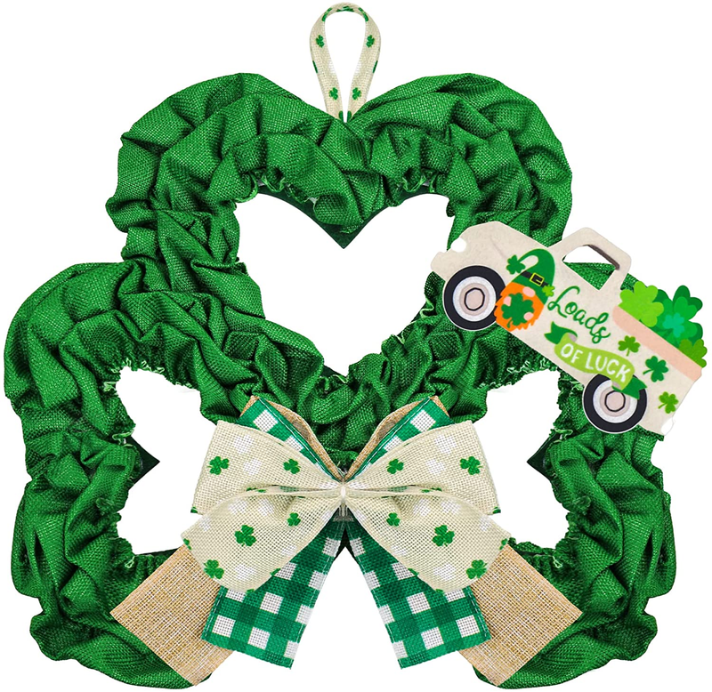 St. Patrick'S Day Wreath Decorations, 13 Inch Burlap Shamrock Wreath with Buffalo Plaid Bows and a Luck Car for Front Door Farmhouse Saint Patty'S Day Decorations Party Supplies Arts & Entertainment > Party & Celebration > Party Supplies Comken   