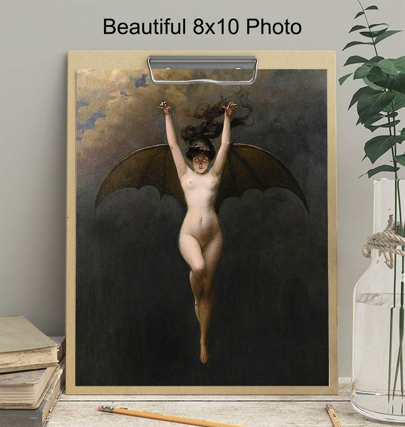 Gothic Bat Woman Wall Decor - Bat Decorations Wall Art - Creepy Vintage Retro Gift for Women, Men, Wiccan, Wicca, Witch, Mystical Occult Medieval Fans - Goth Replica Painting Picture Poster Print