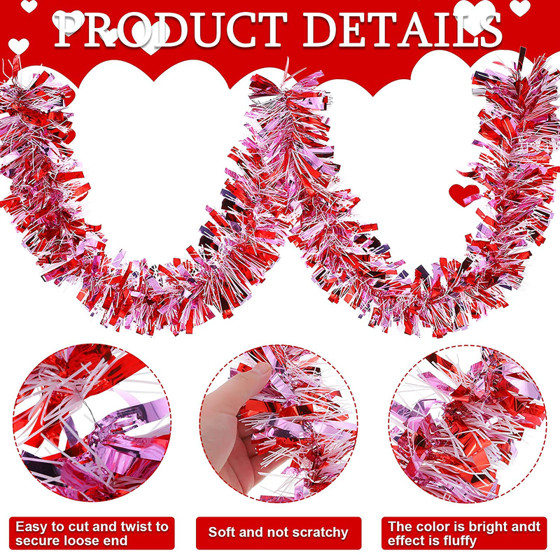 MTLEE 39.4 Feet 6 Pieces Heart Tinsel Garland Valentine'S Day Metallic Red Tinsel Twist Garland Hanging Garland Decoration for Valentine'S Day Indoor and Outdoor Decorations (Beautiful Style) Home & Garden > Decor > Seasonal & Holiday Decorations MTLEE   