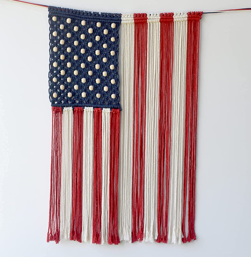 Macrame Wall Hanging American Flag Wall Decor Boho Patriotic Decor Memorial Day Fourth of July wall Art Home décor 22*37(No Stick) Home & Garden > Decor > Artwork > Sculptures & Statues FLBER OUTLET 22"*37"(No Driftwood stick)  
