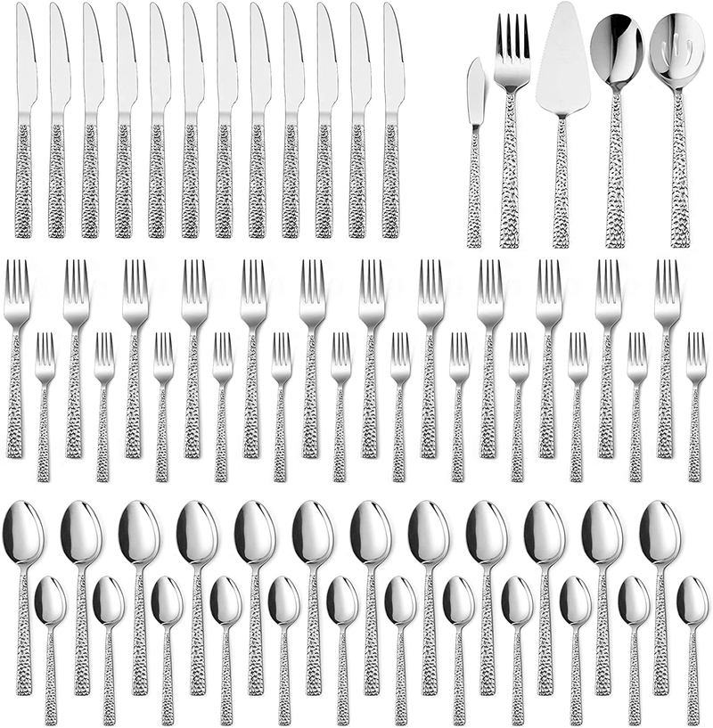 E-far 65-Piece Silverware Set with Serving Pieces, Stainless Steel Hammered Flatware Eating Utensils Service for 12, Modern Tableware Cutlery Set with Square Edge, Mirror Polished, Dishwasher Safe Home & Garden > Kitchen & Dining > Tableware > Flatware > Flatware Sets E-far 65-Piece  