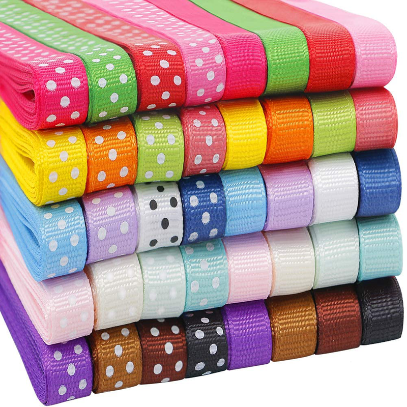 QingHan Grosgrain Ribbon for Gifts Wrapping Crafts 3/8" Boutique Polka Dot Fabric Ribbon 40yd (20 x 2yd)
