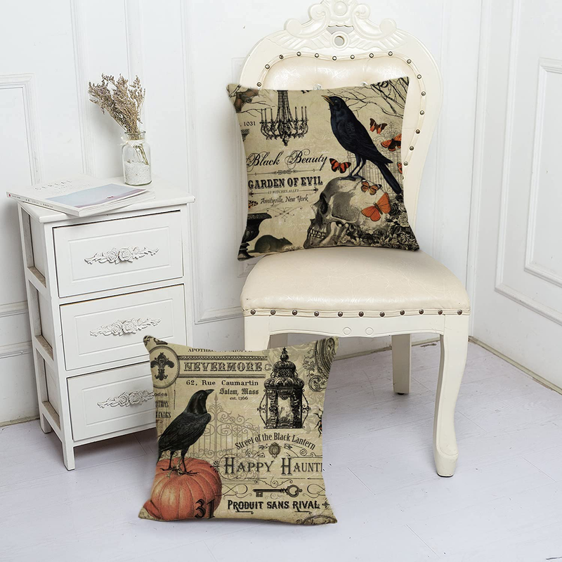QIQIANY Set of 4 Vintage Halloween Throw Pillow Covers 18x18 Inch Square Linen Crow Pumpkin Skull and Owl Decoeative Vintage Halloween Autumn Farmhouse Home Decor for Sofa Bed Chair Living Room Arts & Entertainment > Party & Celebration > Party Supplies QIQIANY   