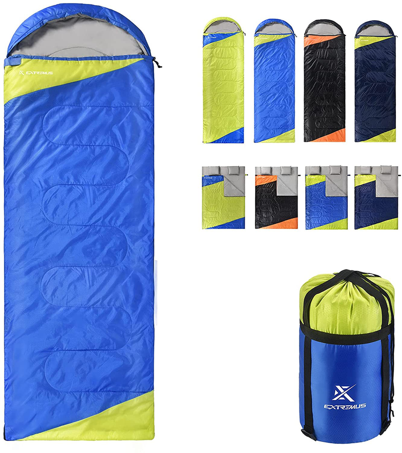 Extremus Rectangular Camping Sleeping Bag, 3-Season Comfort, Single/Double Backpacking Sleeping Bags for Adults, Lightweight, Water Repellency,Camping Gear, Stuff Sack with Compression Straps Included Sporting Goods > Outdoor Recreation > Camping & Hiking > Sleeping Bags Extremus A: Single-Royal Blue/Chartreuse  