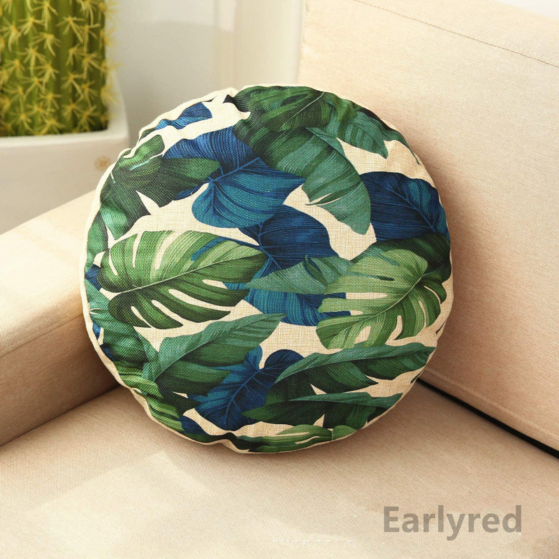 Earlyred Modern round Tropical Plants Leaves Yoga Meditation Floor Cotton Linen Pillow Case 18"X18" Sofa Seating Car Bed Sofa Cushion Cover Home Decor Throw Green Blue 45Cm