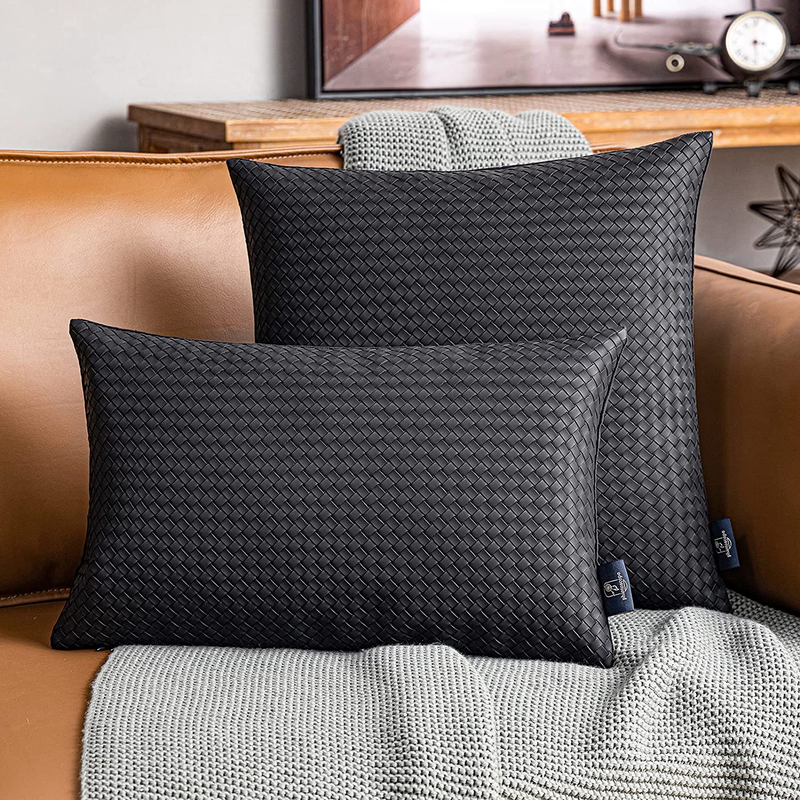 Phantoscope Pack of 2 Faux Leather Pillow Covers - Woven Leather Throw Pillow Covers - Modern Farmhouse Decorative Pillow Cases Cushion Covers, Black 20X20 Inches Home & Garden > Decor > Chair & Sofa Cushions Phantoscope   