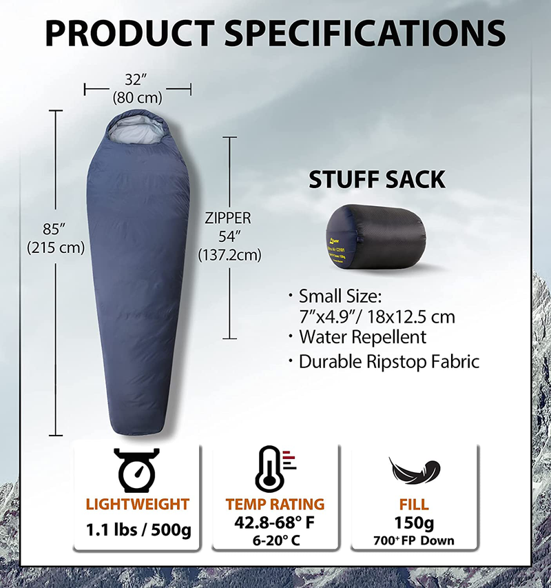 Litume 1.1 Lbs 700 Fill Power down Ultra Air Mummy Sleeping Bag, 43°F-68°F, Water Repelling Sleep Sack for 3-Season, Ultra-Lightweight and Portable, for Hiking Traveling Camping Backpacking Sporting Goods > Outdoor Recreation > Camping & Hiking > Sleeping BagsSporting Goods > Outdoor Recreation > Camping & Hiking > Sleeping Bags Litume   