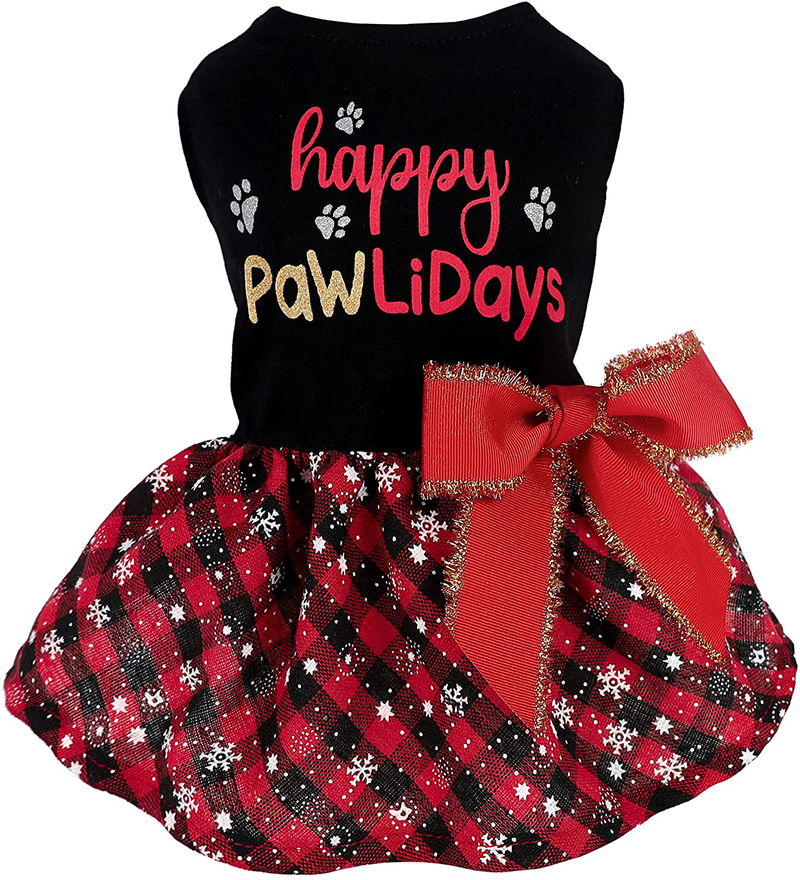 Fitwarm Holiday Theme Dog Dresses for Valentines Day Christmas New Year Halloween 4Th of July Birthday Mother'S Day Designer Dog Clothes Holiday Festival Dog Dress Puppy Party Costumes Doggie Shirts Cat Outfits Apparel Clothing Animals & Pet Supplies > Pet Supplies > Dog Supplies > Dog Apparel Fitwarm Happy Pawlidays XS 