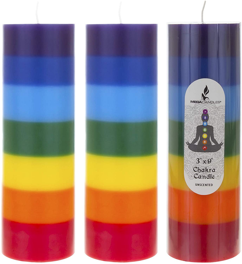 Mega Candles Unscented Multi Color Chakra Round Pillar Candle, Hand Poured Premium Wax Candles 3 Inch x 9 Inch, Cotton Wick, Promotes Positive Energy, Aids Meditation, Relaxation & More Home & Garden > Decor > Home Fragrances > Candles Mega Candles 3 3" x 9" Round 