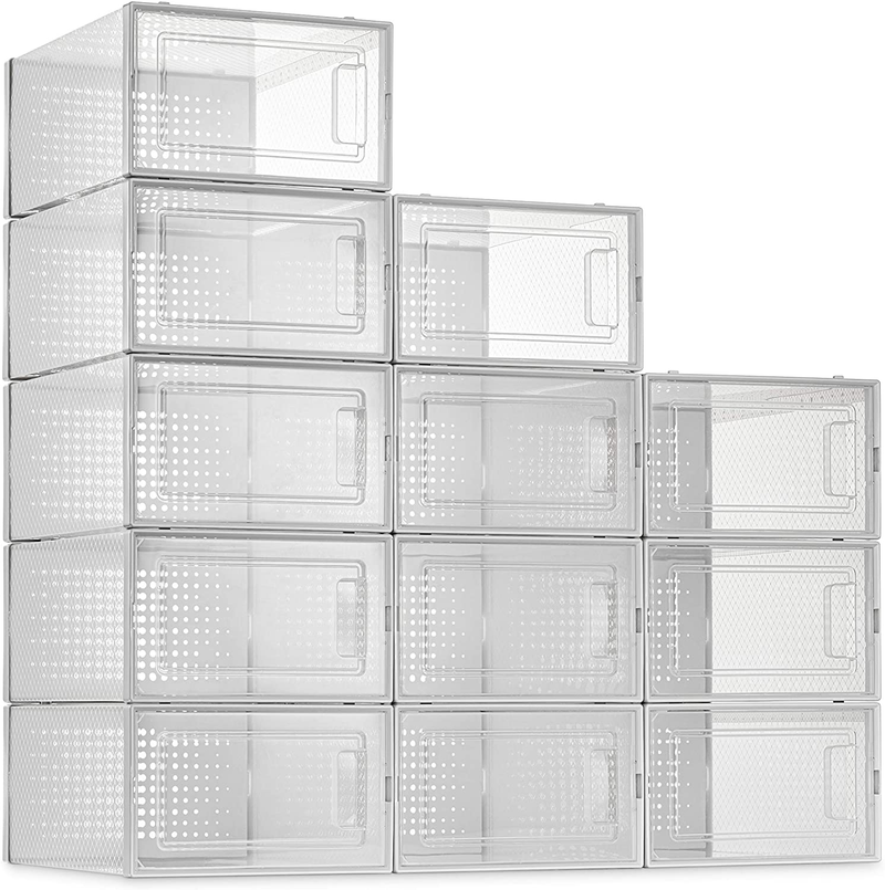 SESENO. 12 Pack Shoe Storage Boxes, Clear Plastic Stackable Shoe Organizer Bins, Drawer Type Front Opening Shoe Holder Containers Furniture > Cabinets & Storage > Armoires & Wardrobes SESENO.   