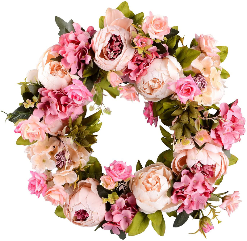 Lvydec Artificial Peony Flower Wreath - 15" Pink Flower Door Wreath with Green Leaves Spring Wreath for Front Door, Wedding, Wall, Home Decor Home & Garden > Decor > Seasonal & Holiday Decorations Lvydec 15" Peony Wreath  