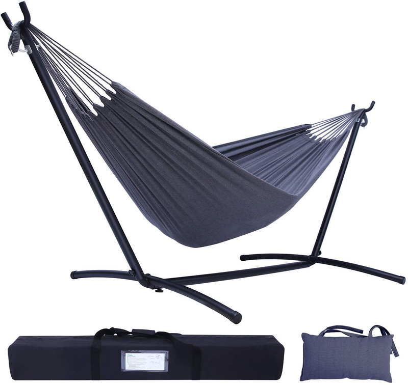Hammock with Stand, Ohuhu Double Hammocks with Space Saving Steel Stand & Pillow, 2-Person Hammock with Portable Carrying Bag for Indoor Outdoor Garden Yard Porch Patio, 450 lb Capacity
