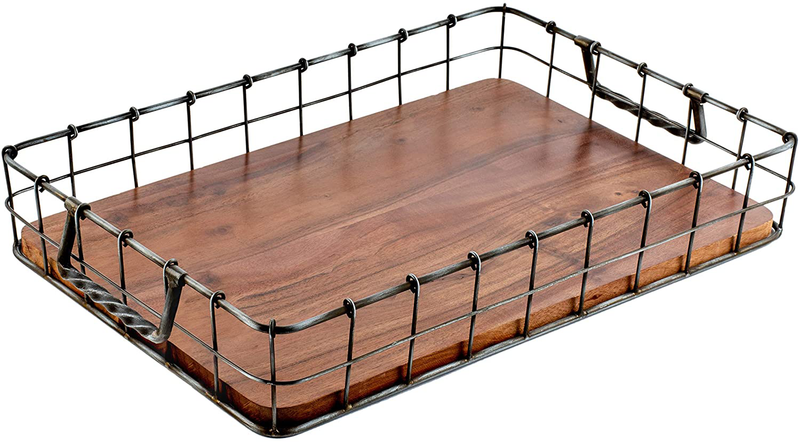Sweela Galvanized Metal and Wood Tray with Handles, Rustic Tray for Kitchen Counter, Farmhouse Tray for Coffee Table, Rectangle Wire Tray Organizer for Countertop Home & Garden > Decor > Decorative Trays Sweela Default Title  