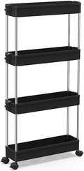 SPACEKEEPER Storage Cart 4 Tier Slim Mobile Shelving Unit Organizer Slide Out Storage Rolling Utility Cart Tower Rack for Kitchen Bathroom Laundry Narrow Places, Plastic & Stainless Steel, Gray