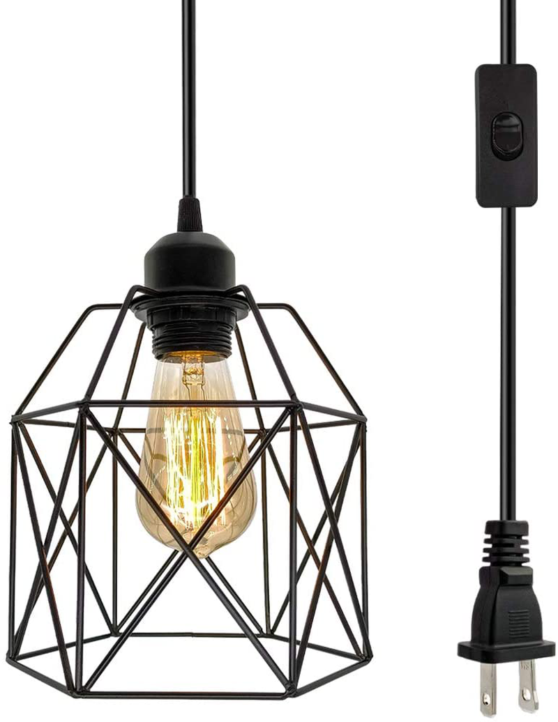 Industrial Plug in Pendant Light, Black Cage Pendant Light Fixture with On/Off Switch, E26 Socket Vintage Hanging Light, Farmhouse Pendant Lighting for Kitchen Living Room Dining Room Home & Garden > Lighting > Lighting Fixtures OmiSun Default Title  