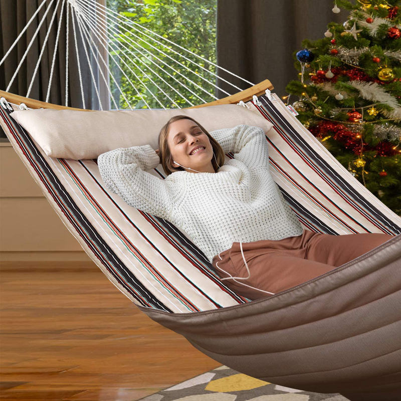 Large 2 Person 11FT Double Hammock Quilted Fabric Swing with Foldable Curved Bamboo Bar & Detachable Pillow & Carrying Bag - 75" x 55" Heavy Duty 450lbs Capacity for Indoor and Outdoor - Havana Brown Home & Garden > Lawn & Garden > Outdoor Living > Hammocks Bathonly   