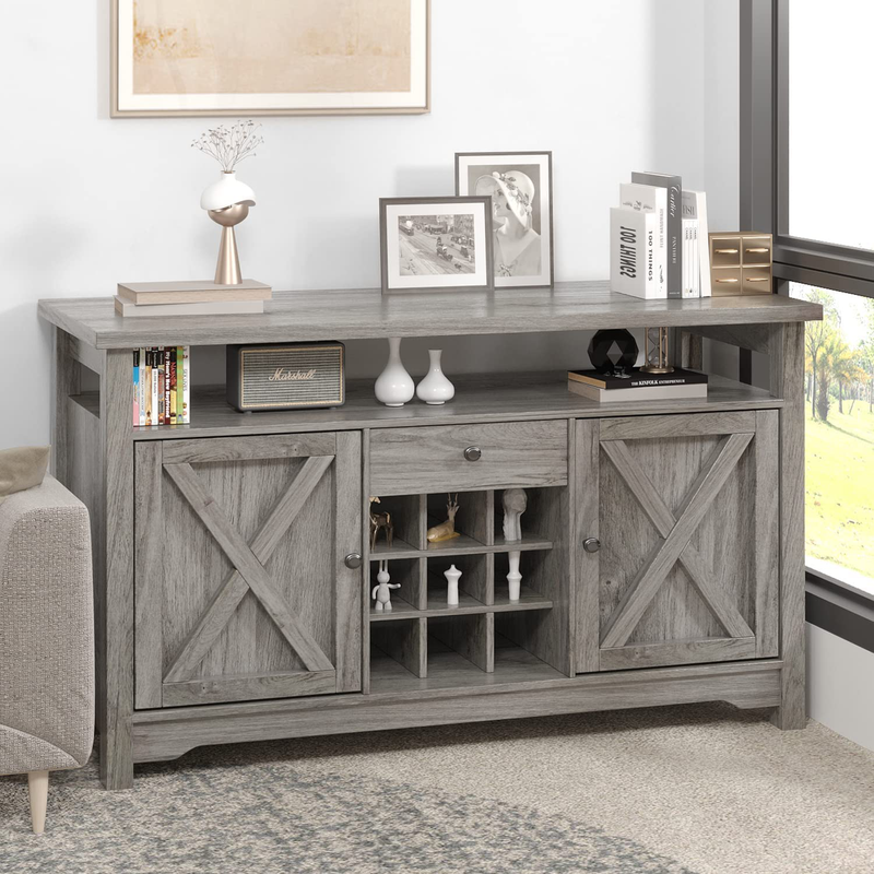 Farmhouse Coffee Bar Cabinet, 47” Kitchen Buffet Storage Cabinet Rustic Sideboard Buffet Barn Door Drawer Open Shelf for Kitchen, Dining Room, Living Room 47" X 16" X 32"(Grey Wash) Home & Garden > Kitchen & Dining > Food Storage Catrimown   