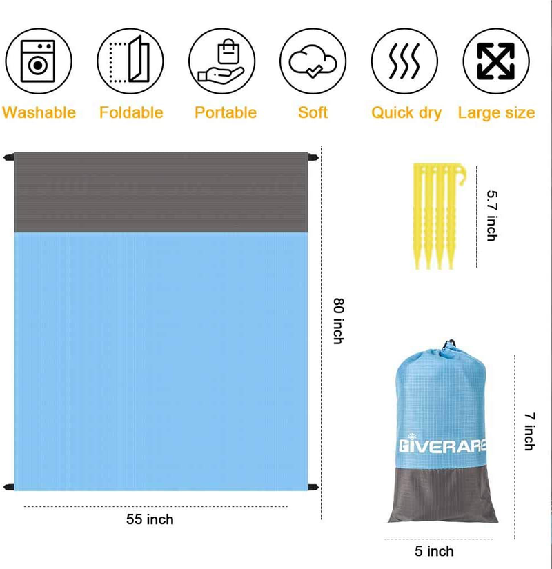 GIVERARE Sandfree Beach Blanket, Large Waterproof Picnic Blanket, Quick Drying Indoor&Outdoor Family Mat with 4 Stakes&4 Corner Pockets for Travel, Camping, Hiking, Music Festival Home & Garden > Lawn & Garden > Outdoor Living > Outdoor Blankets > Picnic Blankets GIVERARE   