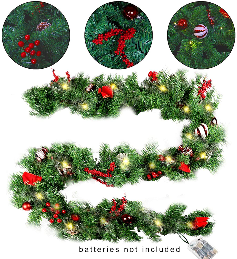 MorTime 9 FT LED Christmas Garland with Pinecones Red Berries Bows Christmas Balls Candies, Multi-Function Christmas Garland with 50 Warm White LED Lights, 180 Branch Tips