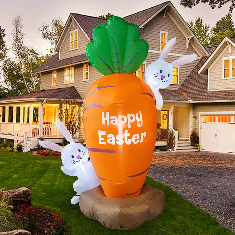 FUNPENY 5 Feet Inflatable Easter Day Decoration, Blow up Carrot with 2 Little Cute Rabbits Lighted Decor for Indoor Outdoor Lawn Yard
