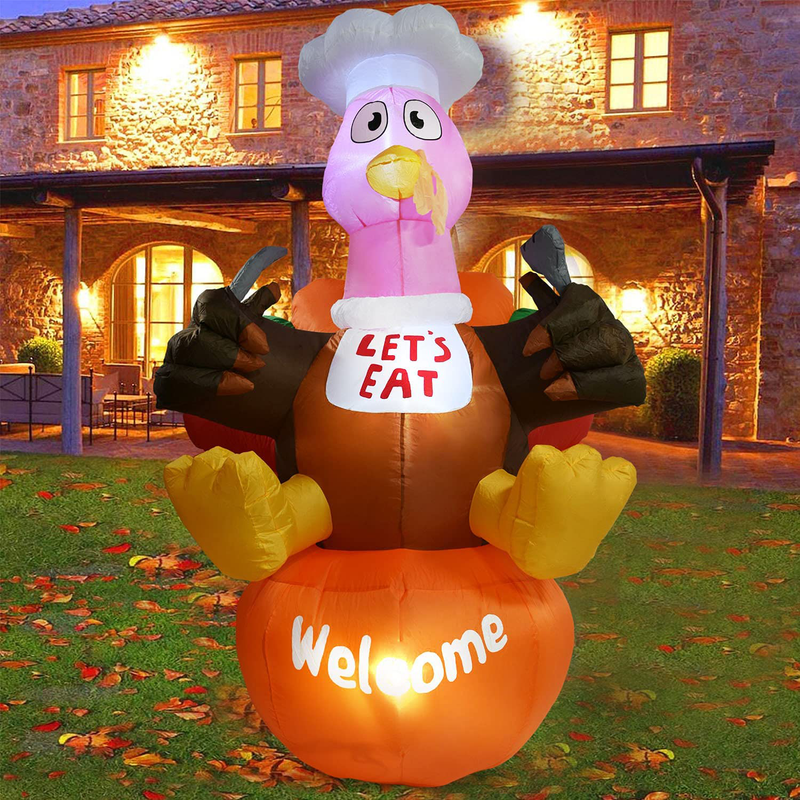 Doingart 6.6FT Thanksgiving Inflatable Outdoor Turkey with Pumpkin, Blow Up Yard Decoration Clearance with LED Lights Built-in for Holiday Party Yard Garden