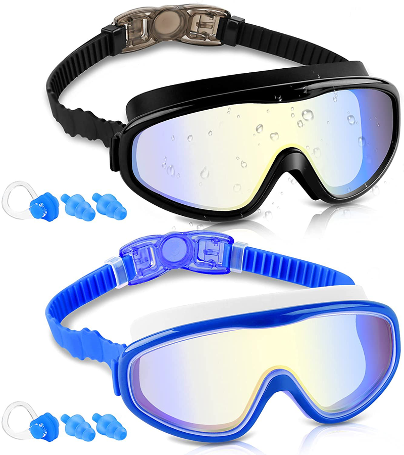 COOLOO Kids Goggles for Swimming for Age 3-15, 2 Pack Kids Swim Goggles with nose cover, No Leaking, Anti-Fog, Waterproof Sporting Goods > Outdoor Recreation > Boating & Water Sports > Swimming > Swim Goggles & Masks COOLOO N. Wv-c-black+blue  