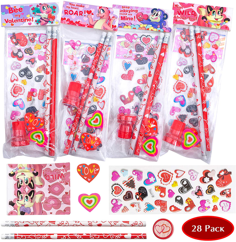JOYIN 28 Pack Assorted Valentines Day Stationery Kids Gift Set Valentine Classroom Exchange Party Favor Toy