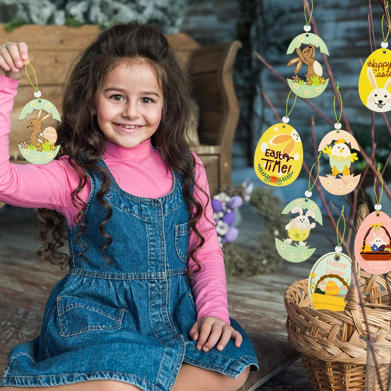 Easter Wooden Hanging Ornaments, 16 Pcs Egg Bunny Chick for Easter Tree Decoration, Easter Colorful Cutouts Wooden Hanging Ornament for Happy Crafts Holiday Party Favor Supplies Home & Garden > Decor > Seasonal & Holiday Decorations FFNIU   