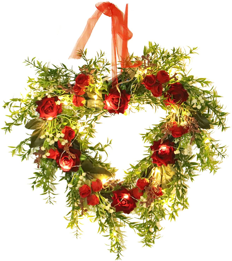 FGYZYP Valentines Day Red Rose Wreath, Artificial Heart Shaped LED Spring Wreath with Ribbon for Front Door, Handmade Mothers Day Wreath for Girlfriend Womenvalentines Wedding Wall Window Decor Home & Garden > Decor > Seasonal & Holiday Decorations FGYZYP With Light  