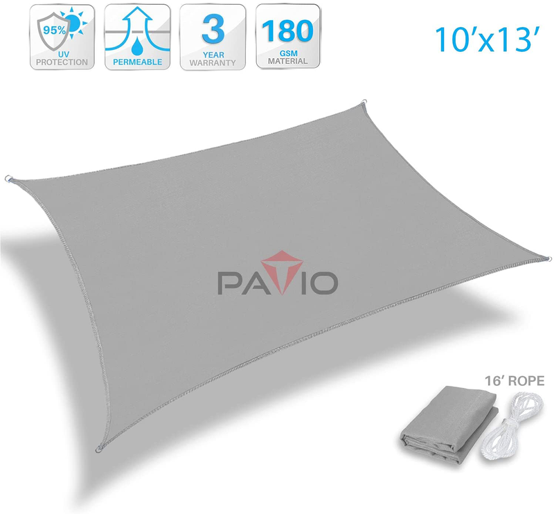 Patio Paradise 10' x 13' Light Grey Sun Shade Sail Rectangle Square Canopy - Permeable UV Block Fabric Durable Outdoor - Customized Available