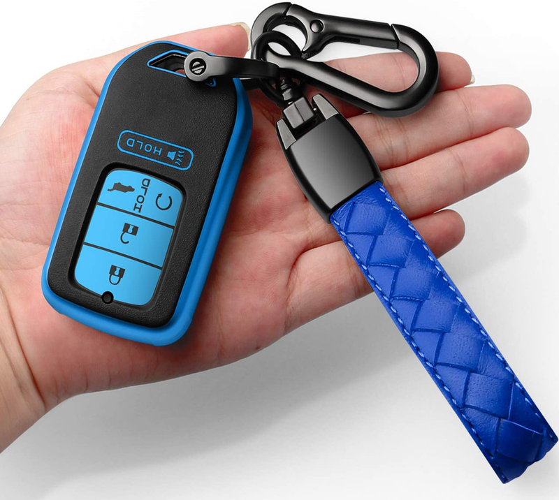 Sindeda for Honda Key fob Cover with Leather Keychain,Soft TPU Full Cover Protection,Key fob case Compatible With Honda Accord Civic CRV Pilot Odyssey Passport Smart Remote Key，Key Fob Shell-Red  ‎Sindeda Blue  