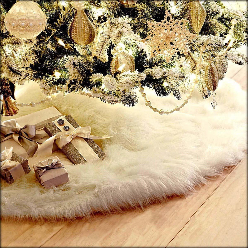 Funkprofi Christmas Tree Skirts Plush Faux Fur Handmade Soft Luxury Tree Skirt Decorations for Indoor Outdoor Xmas Holiday Party Decor Pet Favors (White Plush 30.7")