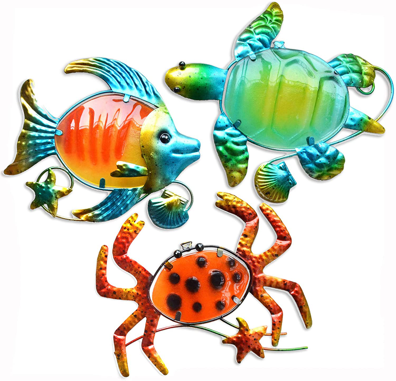 GIFTME 5 Metal Beach Wall Art Decor Set of 3 Metal Seaturtle Fish and Crab with Stained Glass Wall Art for Pool, Patio, Bathroom or Pool,Deck,Balcony Wall Decor(10 inch,Multicolor) Home & Garden > Decor > Artwork > Sculptures & Statues GIFTME 5 10 Inch  