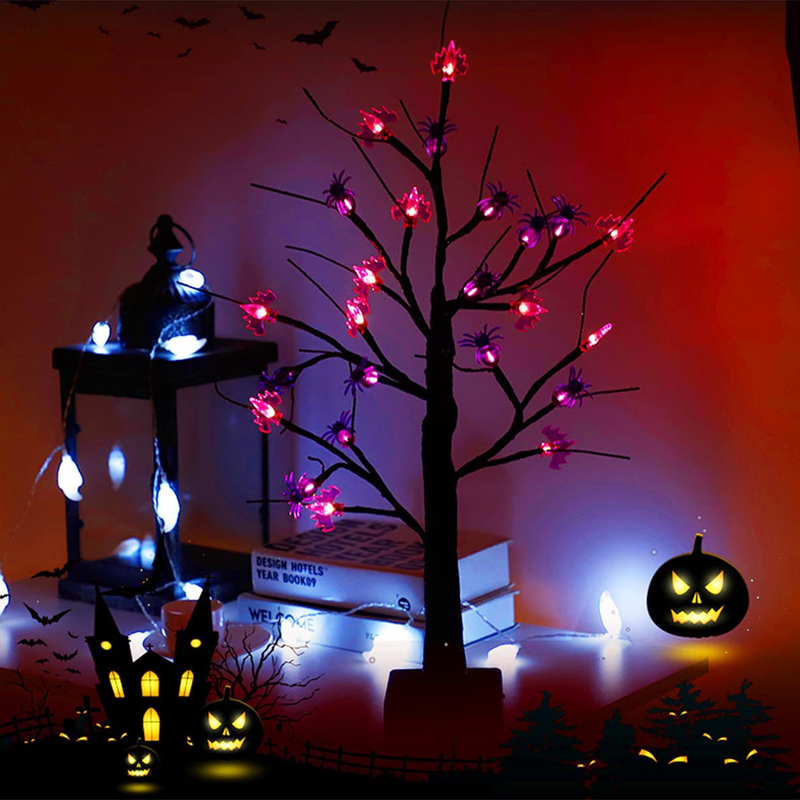 Malgero Halloween Decoration Black Tree Lamp 2FT Battery Powered with 24 LED Lights and 30 DIY Spiders/Bats Light Up Birch Gothic Home Decor Indoor Tabletop Lamp Spooky Bonsai Night Light Arts & Entertainment > Party & Celebration > Party Supplies Malgero   