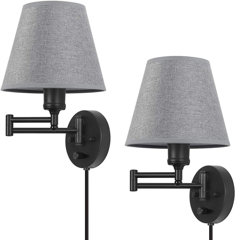Plug in Wall Light Set of 2, Dimmable Wall Sconce, Swing Arm Wall Fixture with Gray Linen Lampshade, Modern Bedroom Wall Lights Fixtures,Bedside Reading Lamp