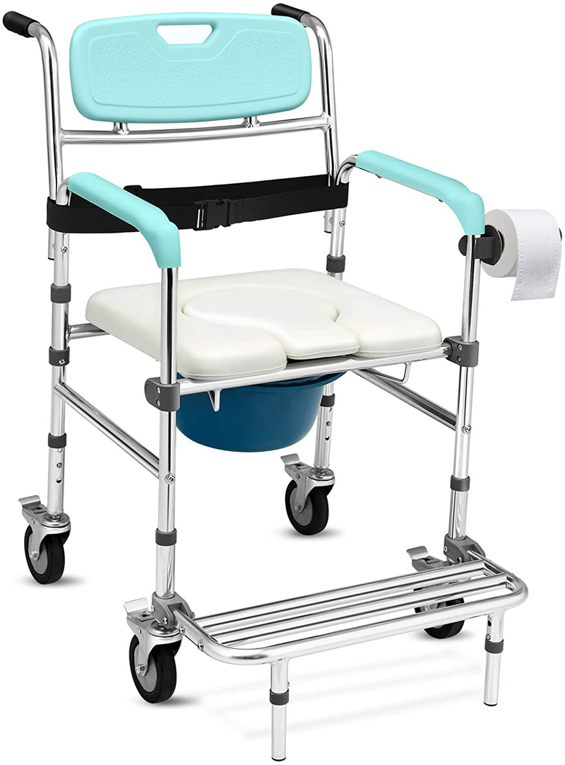 Giantex 3 in 1 Lightweight Shower Commode Wheelchair, Transport Bedside Commode with Wheels, Wheelchair Height and Pedal Adjustable, Shower Wheelchair for Elder, Disabled People (Turquoise & White) Sporting Goods > Outdoor Recreation > Camping & Hiking > Portable Toilets & ShowersSporting Goods > Outdoor Recreation > Camping & Hiking > Portable Toilets & Showers Giantex Turquoise & White  