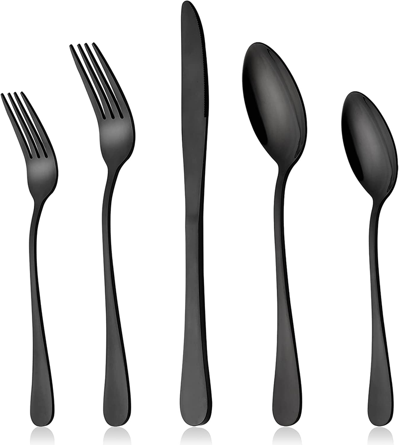 LIANYU Black Silverware Flatware Set for 12, 60-Piece Stainless Steel Cutlery Set Includes Knives Spoons Forks, Mirror Finished, Dishwasher Safe