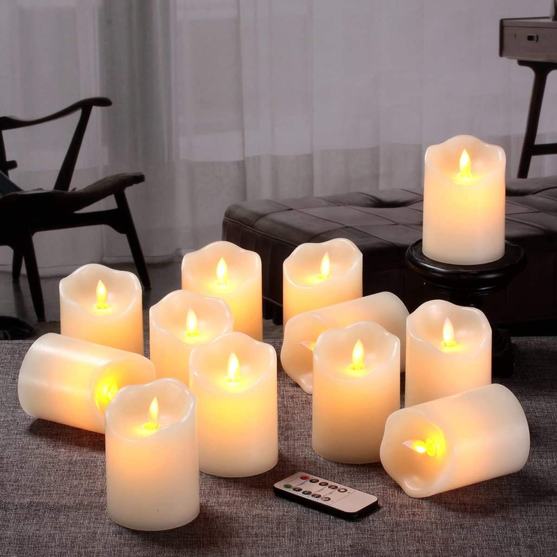 qinxiang Flameless Candles Flickering LED Candles Set of 12 (D:3" X H:4") Ivory Real Wax Pillar Battery Operated Candles with Dancing LED Flame 10-Key Remote and Cycling 24 Hours Timer Home & Garden > Decor > Home Fragrances > Candles qinxiang   