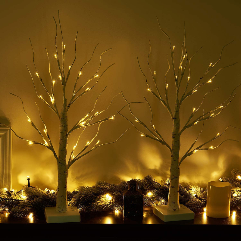 PEIDUO Set of 2 2FT 24LT Birch Tree Battery Powered Warm White LED for Home Decoration, Wedding