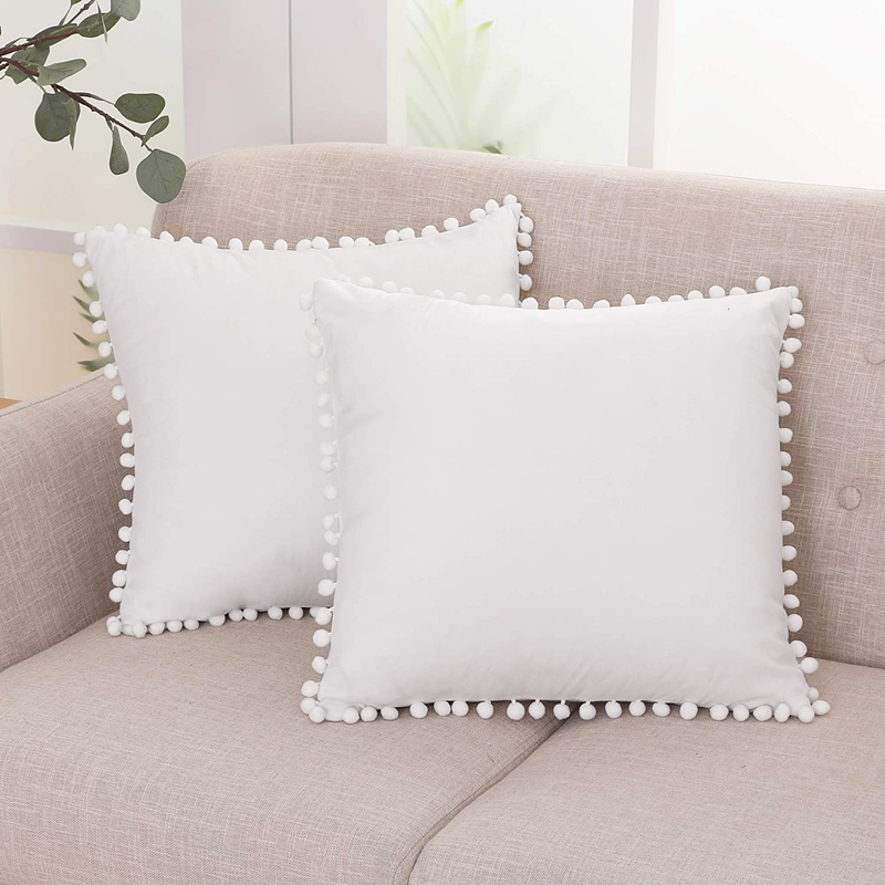 Deconovo Decorative Throw Pillow Covers Soft Velvet Outdoor Cushion Covers 18 X 18 Inch with Pom Poms for Sofa Bed, Set of 2, Cream White Home & Garden > Decor > Chair & Sofa Cushions Deconovo Cream White 18x18 Inch 