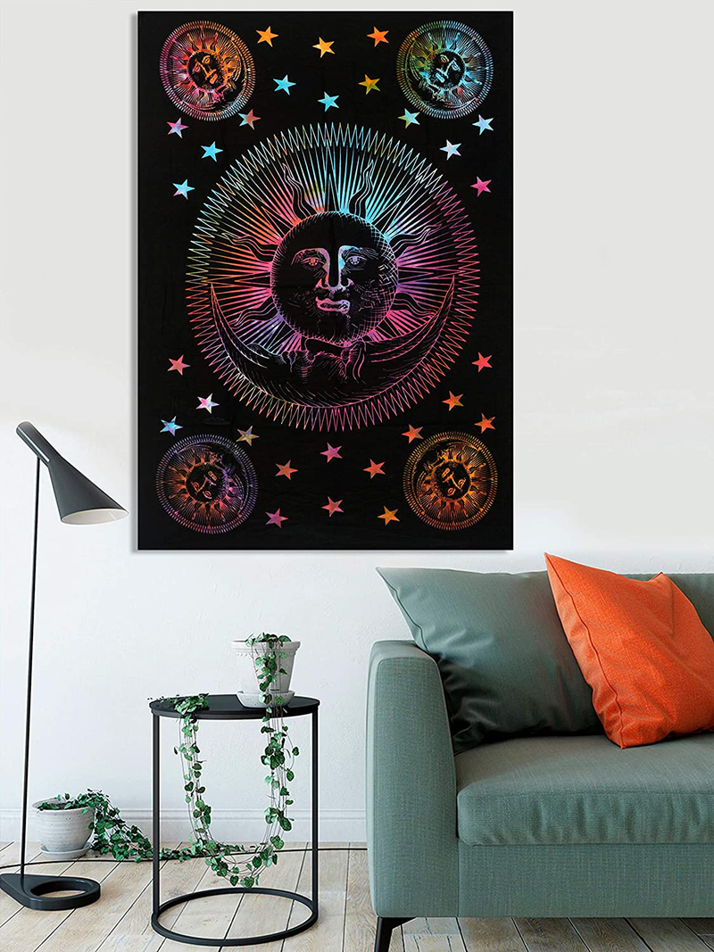 Marubhumi Psychedelic Sun Moon Stars Tie Dye Mandala Tapestry Hippie Hippy Celestial Wall Hanging Indian Trippy Bohemian Tapestries (Multi, 55 X 85 Inch (140 x 215 Cms) Home & Garden > Decor > Artwork > Decorative Tapestries Marubhumi Multi Black 30 X 42 Inch (76 x 106 Cms) 