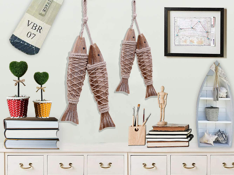 Hanging Wood Fish Rustic Wooden Hanging Fish Decorated Retro Wall Decorations Indoor Outdoor Wood Fish Decor Nautical Wood Fish Hanging Fish Decorations Nautical Outdoor Wall Decor Fish Wall Art Decor Set of 4