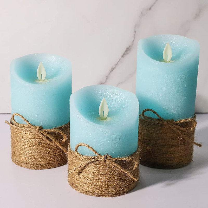 CRYSTAL CLUB Flameless Candles Flickering, LED Blue Pillar Candles Battery Operated with Remote and Timer, Hemp Rope & Real Wax Moving Wick Candle Light for Home Table Bedroom Decor Home & Garden > Decor > Home Fragrances > Candles Crystal Club   