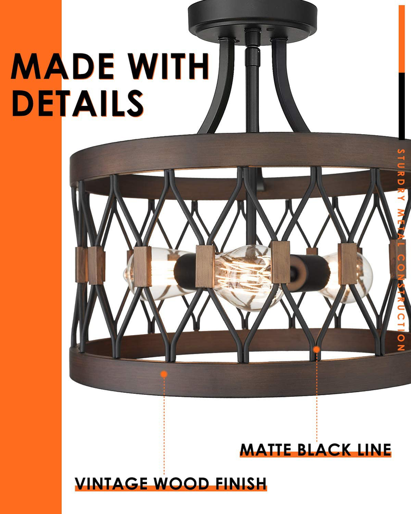 Osimir Semi-Flush Mount Ceiling Light, 3-Light Ceiling Light Fixture, 16-Inch Cage Drum Pendant Hanging in Wood and Black Finish, PE9170-3