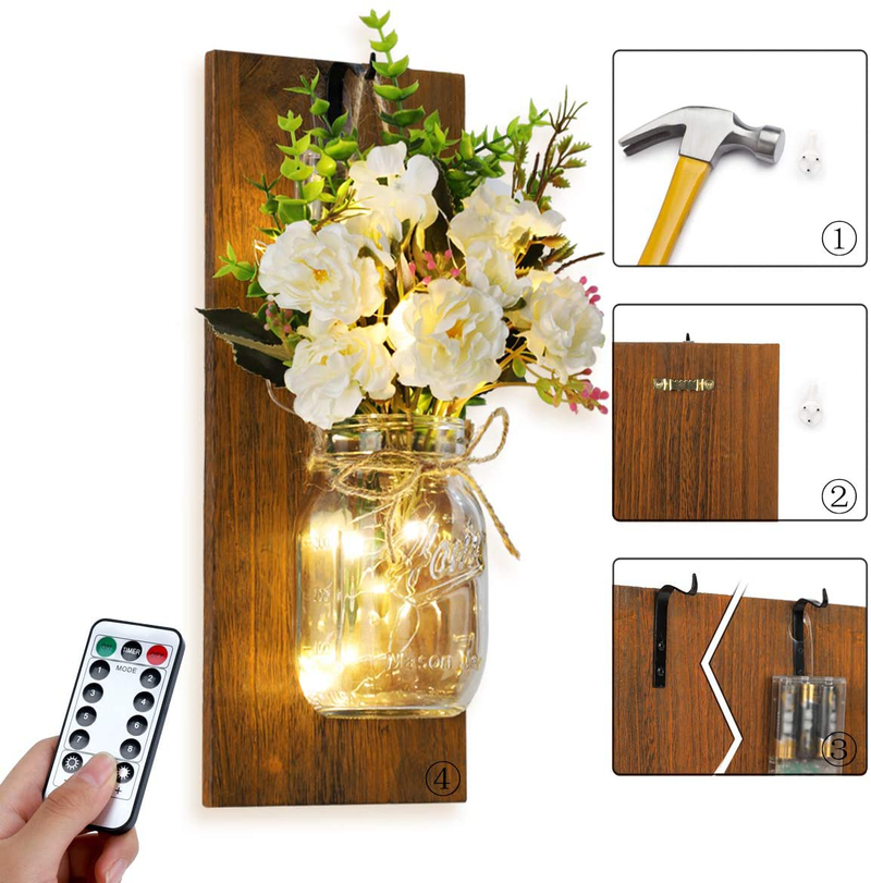 Rustic Wall Mounted Candlesmayson Can Wall Candlestick, with Remote Control Led Lamp and White Peony Farmhouse Decoration, Wall Mounted Decorative Lamp Home & Garden > Lighting > Lighting Fixtures > Wall Light Fixtures KOL DEALS   